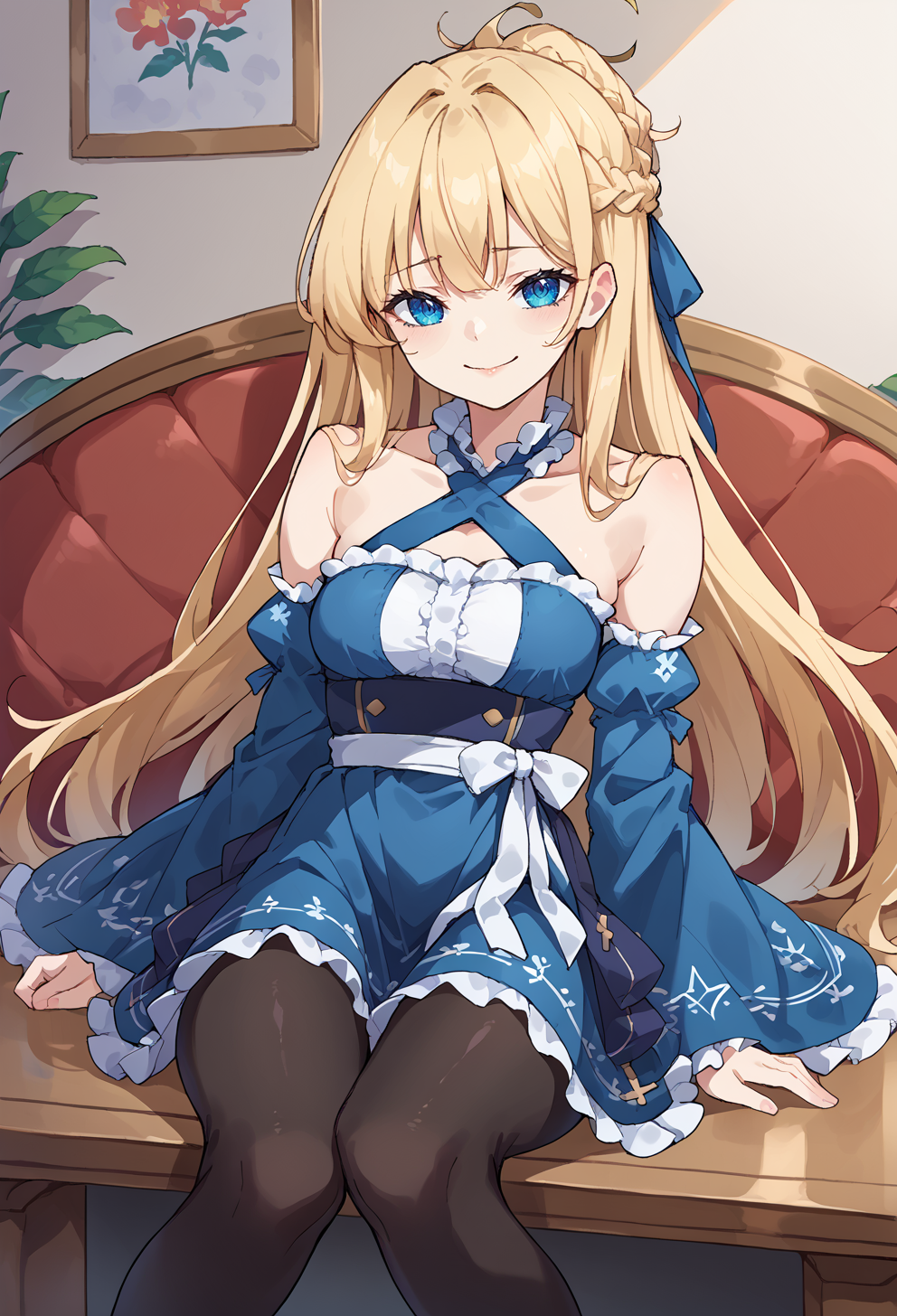 score_9, score_7_up, source_anime, BREAK  <lora:makkuro:0.9> makkuro, light smile, very long hair,, <lora:mxmarina:1> mxmarina, french braid, half updo, Hair ribbon, frilled choker, criss-cross halter, sleeveless dress, high-waist skirt, backless dress, blue dress, waist blue bow, detached sleeves, frilled sleeves, wide sleeves, blue sleeves, black pantyhose, patterned legwear, pinstripe pantyhose, mary janes,