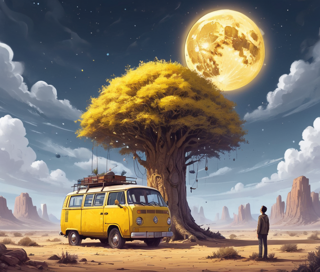 <lora:Dreamyvibes - Alt-Version - Trigger is Dreamyvibes Artstyle:1>   yellow van parked in a desert area with  a clock  growing out of  a tree .  A man  is standing nearby, possibly admiring the clock or admiring the van. The clock is positioned at the top of the tree, and the van is parked below it. In the background, there is  a large moon  and several planets, adding to the surreal and imaginative atmosphere of the scene. dreamyvibes artstyle