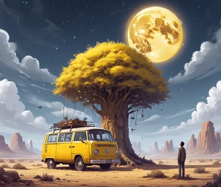 <lora:Dreamyvibes - Alt-Version - Trigger is Dreamyvibes Artstyle:1> yellow van parked in a desert area with a clock growing out of a tree . A man is standing nearby, possibly admiring the clock or admiring the van. The clock is positioned at the top of the tree, and the van is parked below it. In the background, there is a large moon and several planets, adding to the surreal and imaginative atmosphere of the scene. dreamyvibes artstyle