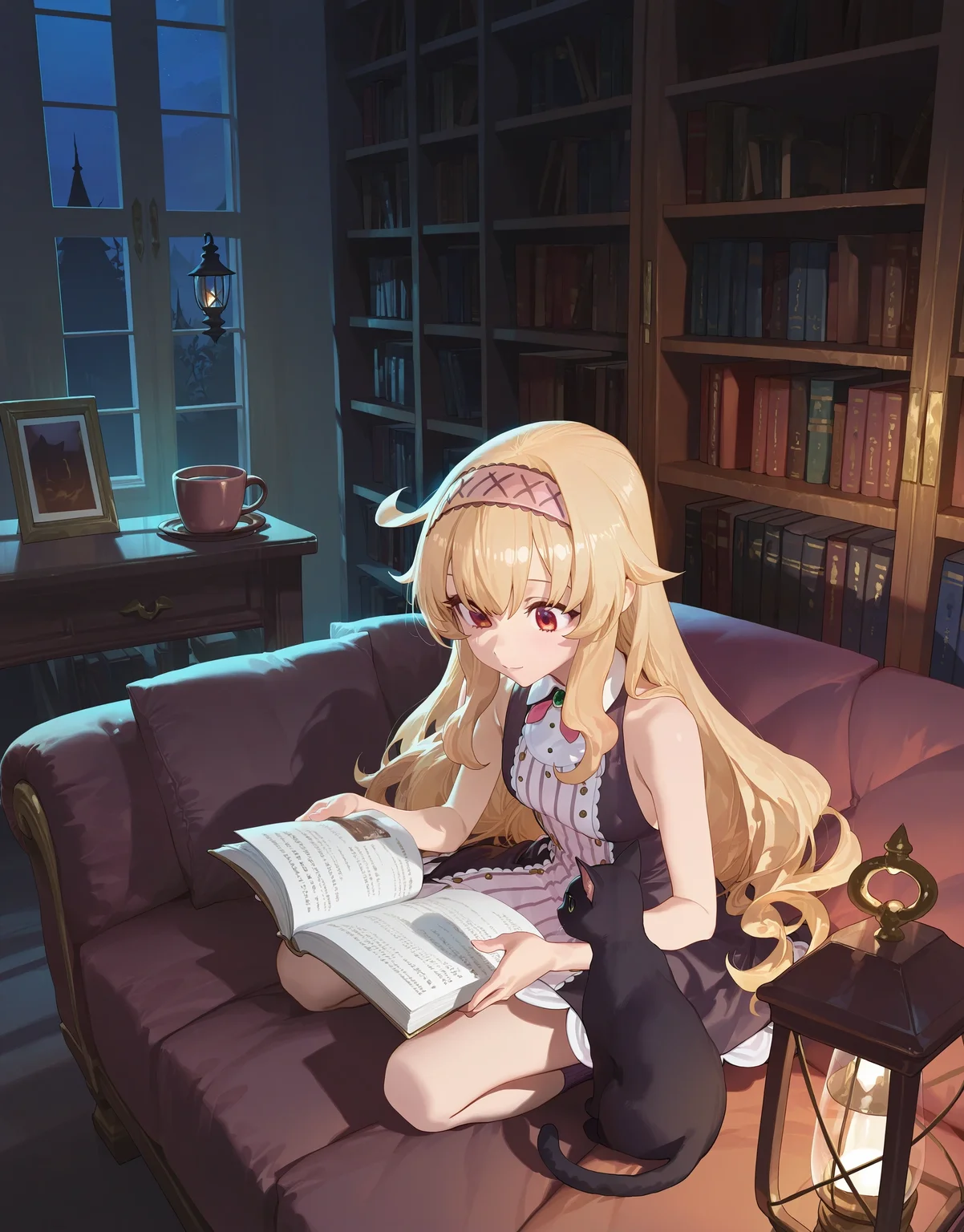 1girl, nobeta \(main\), no headwear, witch, hairband,
loaded interior, bookshelf, reading,
full body, [phyllis \(cat\):4], lamp, night, mug, table,
light smile,
modare, ask \(askzy\), 
masterpiece, very awa 
<lora:char_nobeta-ill-rls:1>