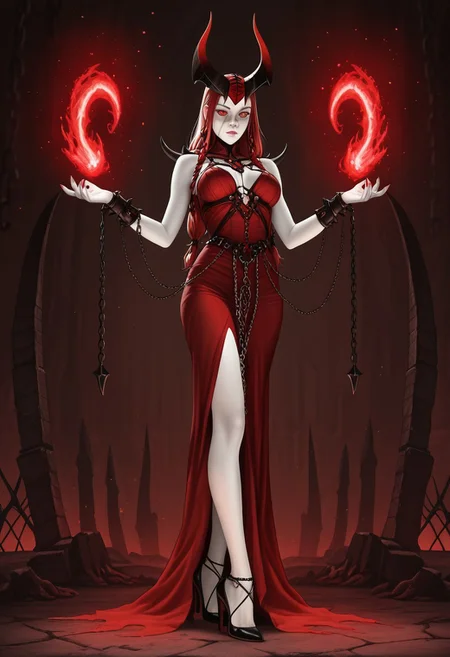 AMAZING QUALITY, MASTERPIECE, CARNEVIL, 1GIRL, RED EYES, RED DRESS, HORNS, PALE SKIN, HIGH HEELS, RED MAGIC, CHAINS,