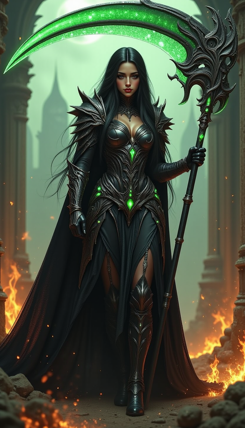 pinkfantasybabes, 
A woman with long black hair, wearing intricate black armor with emerald gemstones, holding a large, glowing green scythe, standing amidst burning ruins.