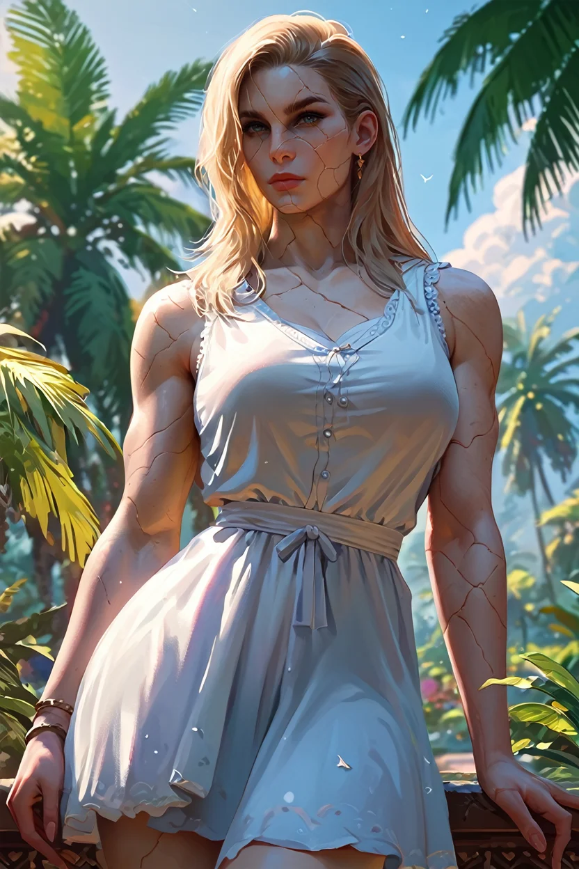 score_9, score_8_up, score_7_up, score_6_up
<lora:BGDameAylin:1.0>
BGDameAylin, 1girl, blonde hair, cracked skin, long hair, looking at viewer, on a tropical island, sundress, palm trees