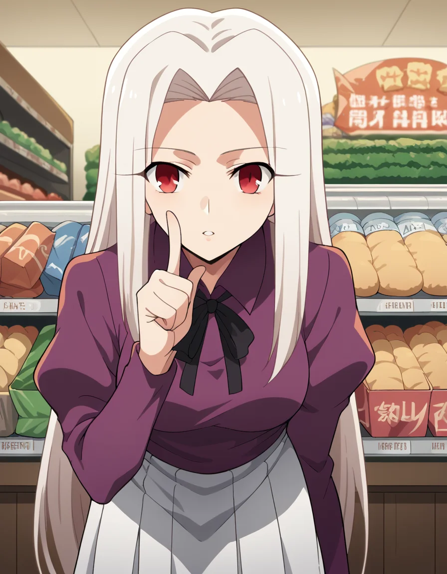 score_9, score_8_up, score_7_up, source_anime, <lora:irisviel-von-einzbern-zero-anime-ponyxl-lora-nochekaiser:1>, irisviel von einzbern, long hair, red eyes, white hair, parted bangs, hair intakes, mature female,, skirt, thighhighs, pantyhose, shirt, long sleeves, purple shirt, collared shirt, ribbon, black ribbon, juliet sleeves, white skirt, pleated skirt,, market stall, goods, people, shopping, vendor, , <lora:finger-to-cheek-ponyxl-lora-nochekaiser:1>, finger to cheek, index finger raised, pointing at self, bedroom, parted lips, leaning forward, bent over, cowboy shot, dutch angle,, looking at viewer, solo,, dutch angle, cowboy shot