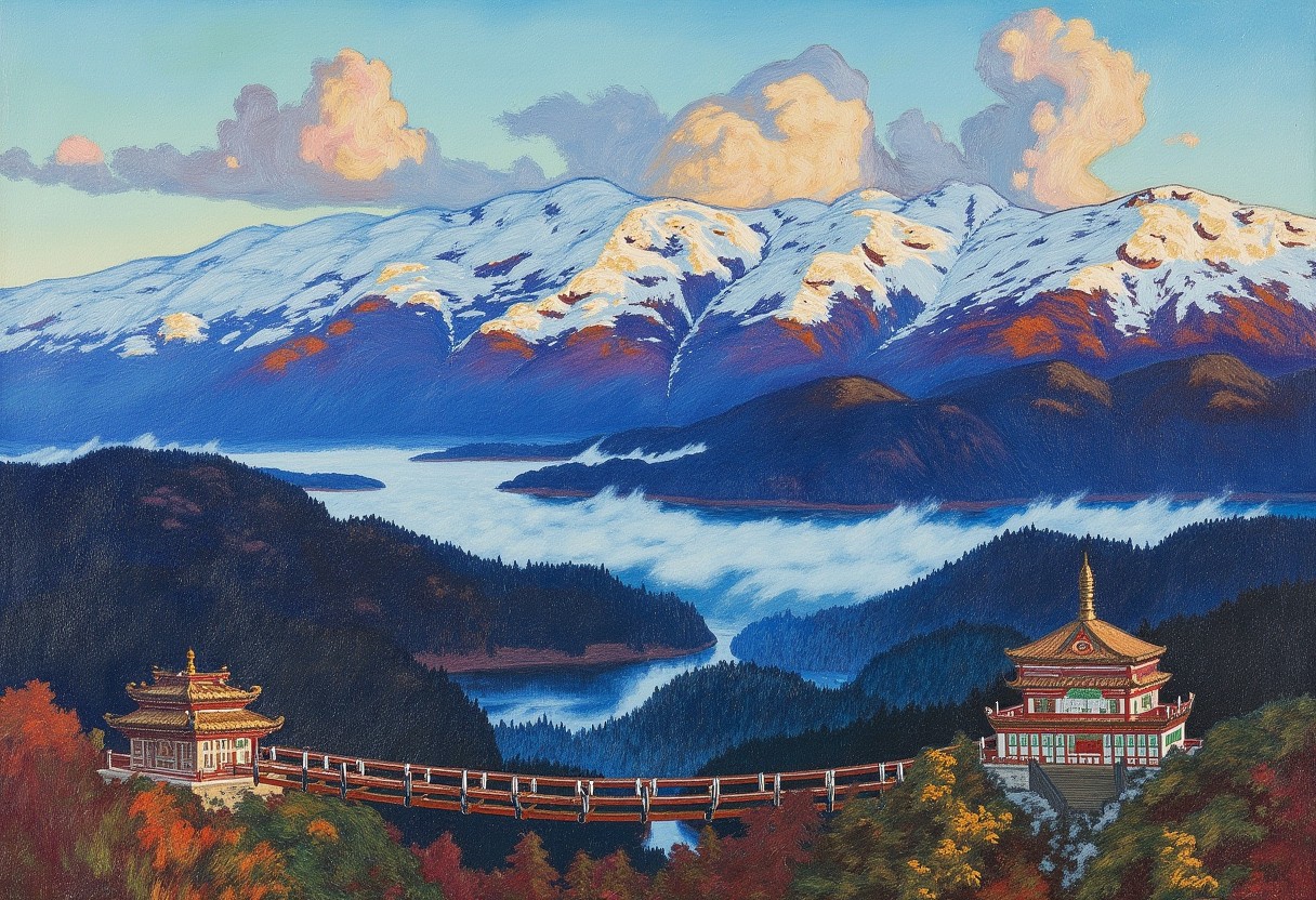 Post-Impressionist painting by artist Helmer Osslund.
A majestic landscape depicting high snow-capped mountains. In the valleys between the mountains, the forest is covered with fog. Inaccessible ancient oriental temples are located on the slopes of the mountains. The temples are connected by wooden suspension bridges. The temples are covered with colorful exotic paintings. Blue sky with hints of pink and orange on delicate clouds. The forest in the valleys is dark and mysterious. A bizarre surreal landscape in the style of modern impressionism. A magical place.