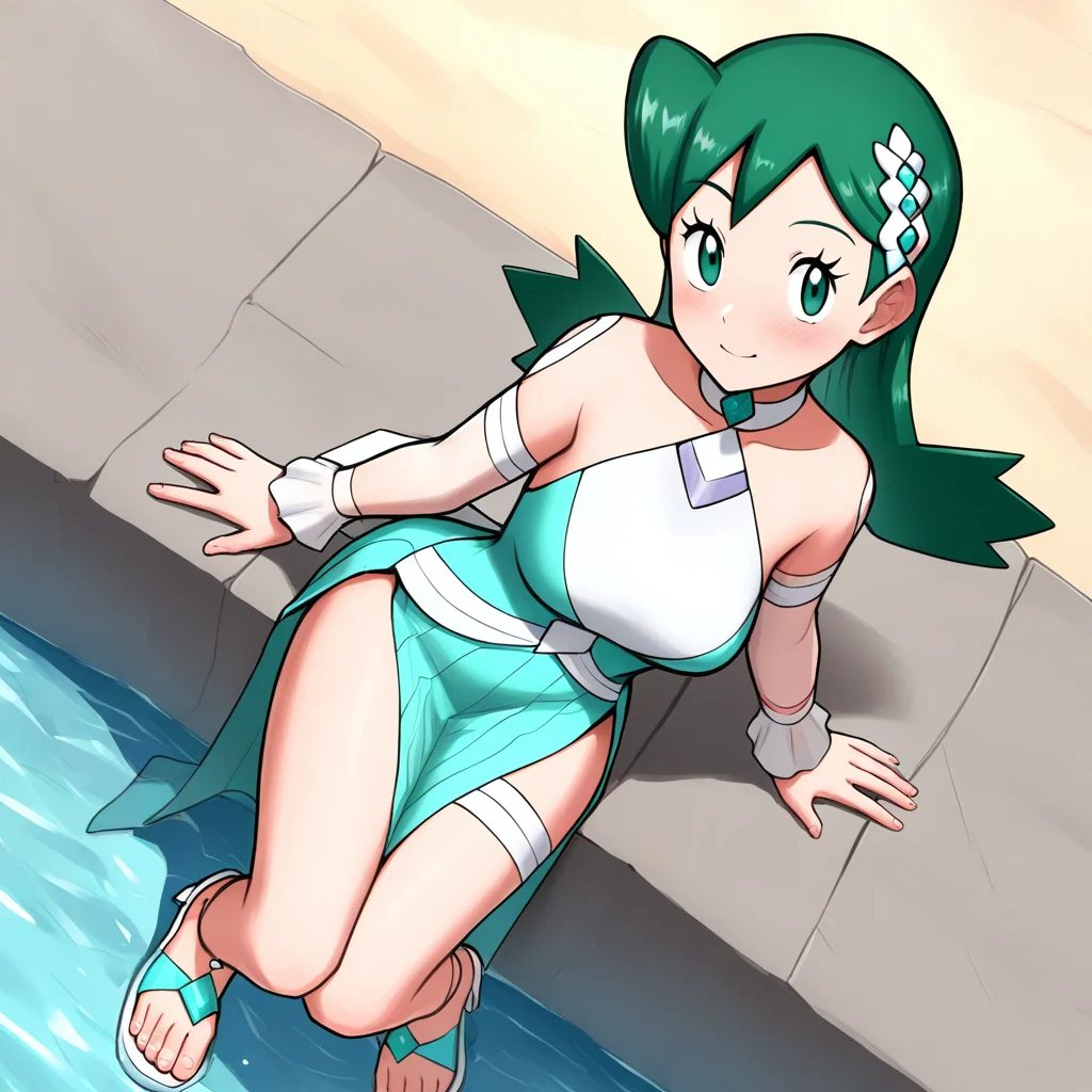 2d, masterpiece, best quality, amazing quality, highres, absurdres, newest, 1girl, solo, sitting, beach, from above, dutch angle, looking at viewer, medium breasts, mature female, sygkris, green eyes, green hair, medium hair, hair ornament, halter dress, bare shoulders, choker, aqua dress, side slit, detached sleeves, wrist cuffs, aqua shorts, shorts under dress, long dress, high heeel sandals, white footwear, aqua footwear
