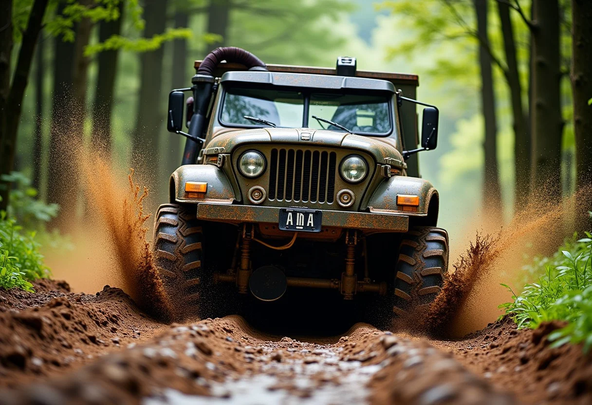 An anthracite-colored expedition rover with six large, rugged wheels races through a dense forest, kicking up dirt and spraying water from scattered puddles. The rover’s slightly rusted surface and small dents glint as sunlight filters through the trees. Mud splashes onto its weathered exterior as the powerful vehicle plows forward, its wheels gripping the uneven terrain. In the background, lush greenery blurs by, while the rover’s speed and power are emphasized by the spray of water and debris. Captured in a highly detailed, analog-style photo with cinematic motion blur, the scene is both dynamic and intense, showcasing the rugged, adventurous spirit of the expedition. aidmaHyperrealism