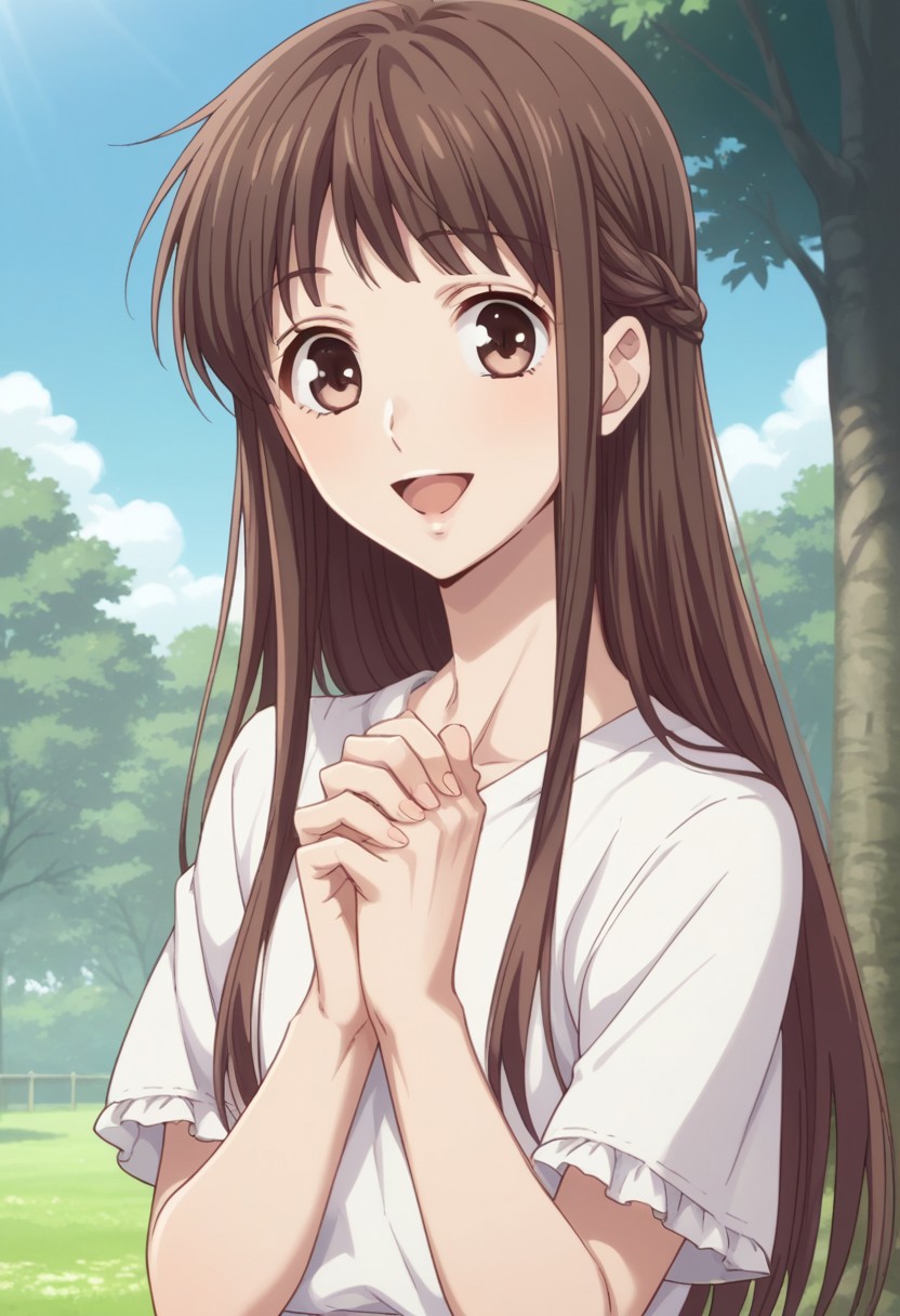 score_8_up, score_7_up, source_anime, highly detailed, 
tohruhonda 1girl, solo, brown hair, long hair, brown eyes, skirt, open mouth, smile,
own hands together, upper body, :d, looking at viewer, own hands clasped,
outdoor, sky, tree