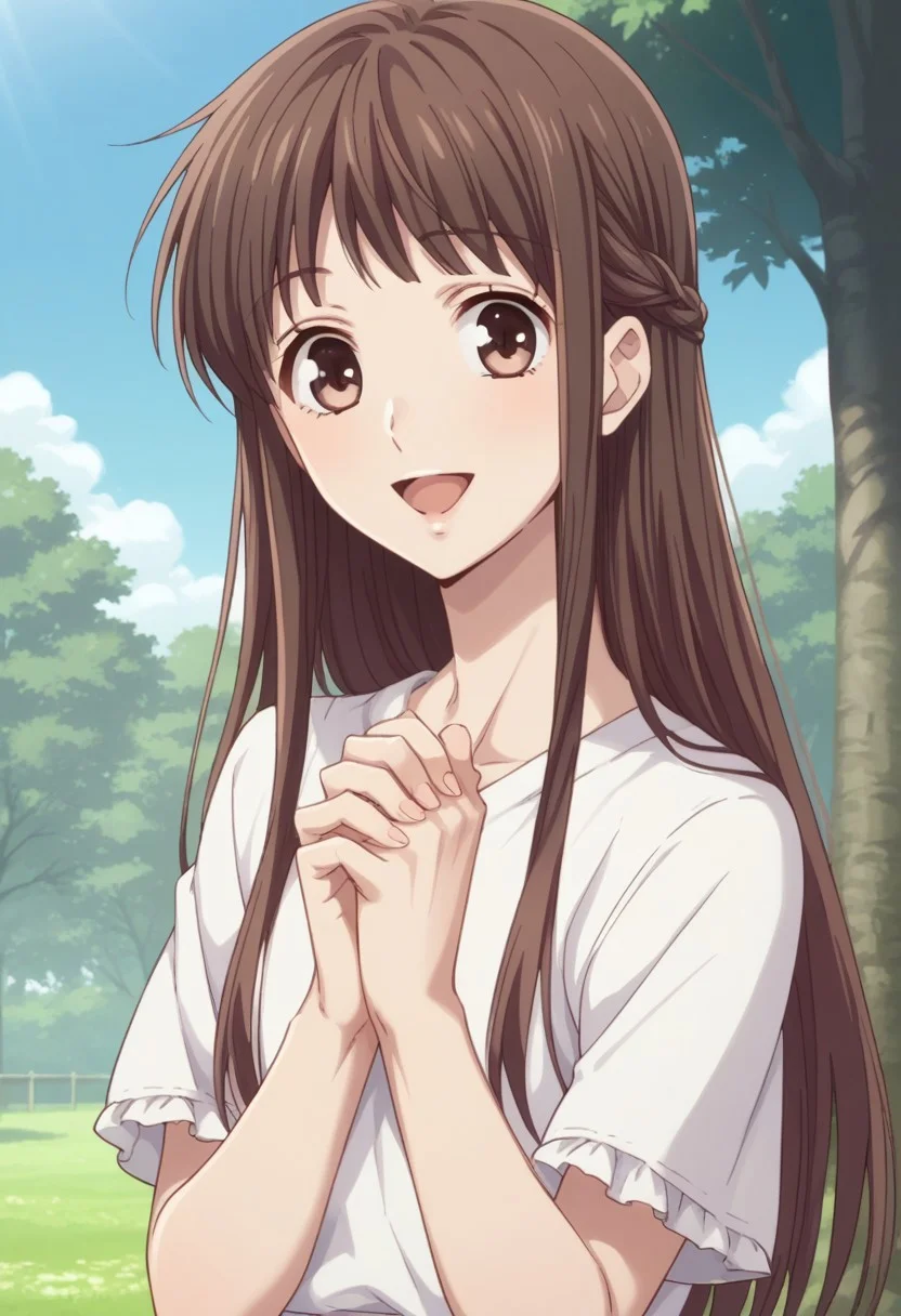 score_8_up, score_7_up, source_anime, highly detailed,
tohruhonda 1girl, solo, brown hair, long hair, brown eyes, skirt, open mouth, smile,
own hands together, upper body, :d, looking at viewer, own hands clasped,
outdoor, sky, tree