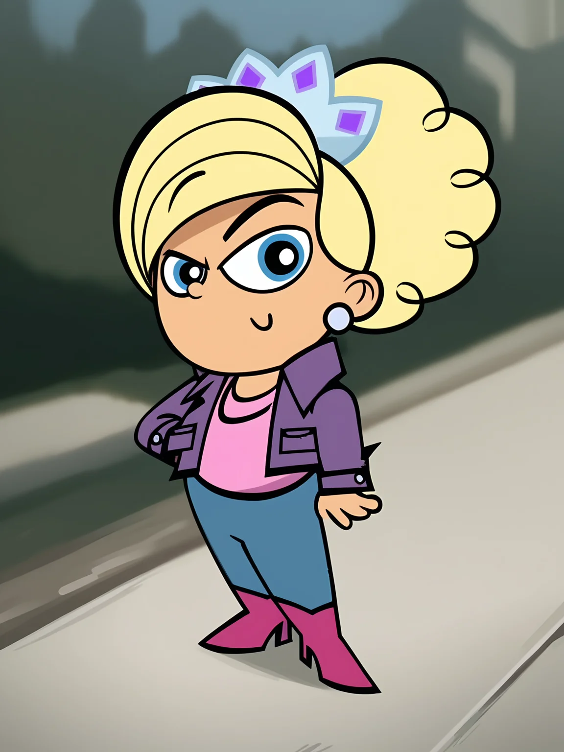 <lora:Brianna_Buttowski:1.0> 1girl, brianna_buttowski, blonde hair, earrings, jewelry, blue eyes, jacket, blue pants, looking at viewer, full body, outdoors, solo, score_9, score_8_up, score_7_up,