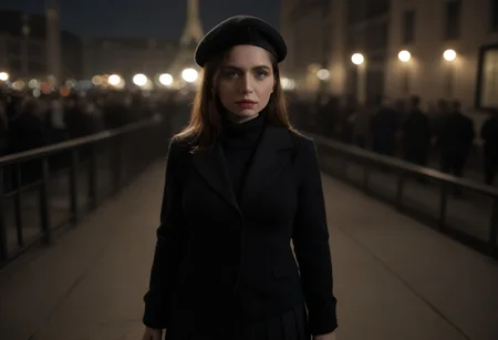 1girl, Focus Pito from slightly above she is wearing a black scarf, black wool French beret, black and white cable knit sweater, solid black pleated pants, holding a long cinerite un lit and stands in front of the Eiffel tower 35mm photograph, film, bokeh, professional, 4k, highly detailed,