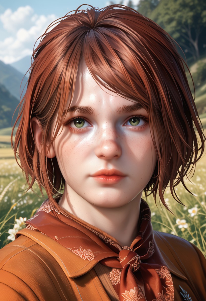 score_9, score_8_up, score_7_up, score_6_up
<lora:TLOU2Ellie:0.8>
TLOU2Ellie, <lora:RE4RAshley:0.8>
RE4Ashley, 1girl, red hair, short haircut, bob haircut, green eyes, looking at viewer, cute face, pretty face, beautiful face, portrait, looking at viewer, standing in a rice field during the golden hour, cold weather,