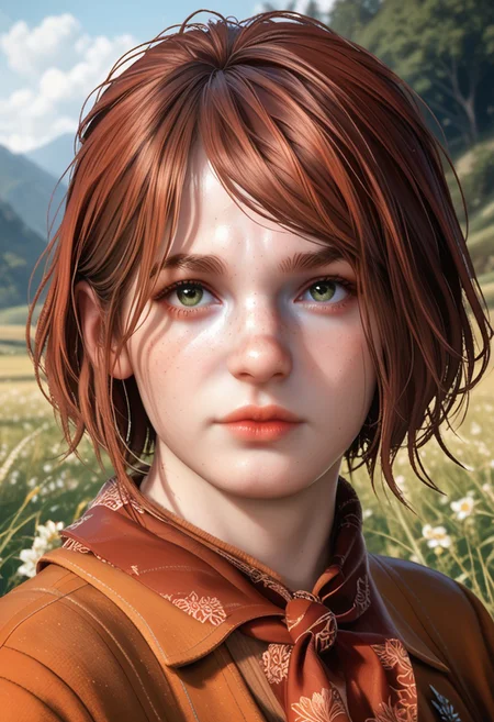 score_9, score_8_up, score_7_up, score_6_up
<lora:TLOU2Ellie:0.8>
TLOU2Ellie, <lora:RE4RAshley:0.8>
RE4Ashley, 1girl, red hair, short haircut, bob haircut, green eyes, looking at viewer, cute face, pretty face, beautiful face, portrait, looking at viewer, standing in a rice field during the golden hour, cold weather,