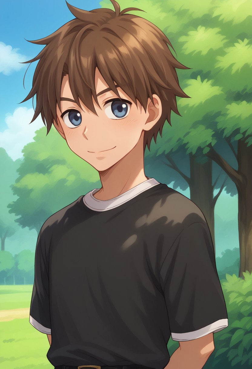 score_9, score_8_up, score_7_up, source_anime, highly detailed, 
kosuke, 1boy, male focus, solo, tree, shirt, outdoors, looking at viewer, bush, smile, upper body, short hair, short sleeves, t-shirt, black shirt, arms behind back, day, closed mouth, brown hair, blue eyes, belt,