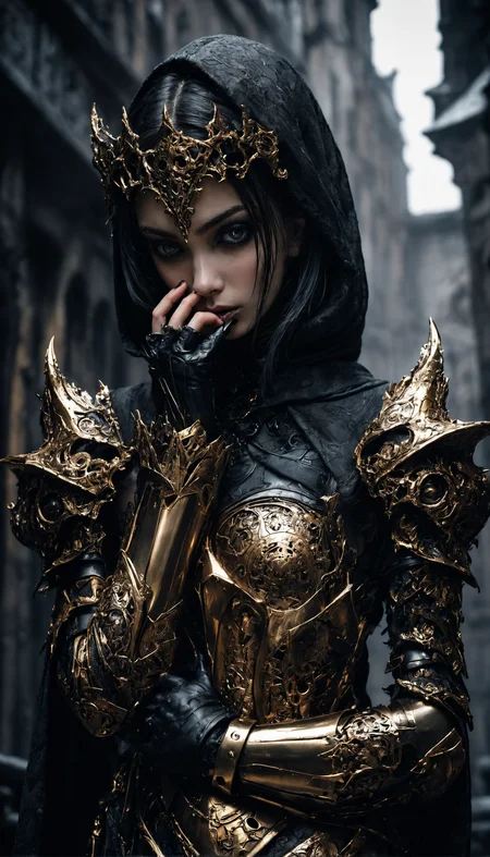 Gothic art, dark tones, intricate details, dramatic lighting, high contrast, medieval influence, ornate, mysterious, detailed armor, cyberpunk elements, cityscape, atmospheric, moody, haunting beauty, sharp shadows, textured
(dynamic pose:1.4), Hands covering face, depth of field, gold embedded