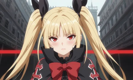 score_9, score_8_up, score_7_up, score_6_up, score_5_up, score_4_up, source_anime, anime screencap, masterpiece, insanely detailed, detailed background, zPDXL3, BREAK, RachelAlucardBB,1girl,solo,long hair,blonde hair,red eyes,red bow,ribbon,twintails,black hair ribbon,small breasts,frills,red bow,ghotic fashion,black capelet ,red cross pattern,black dress