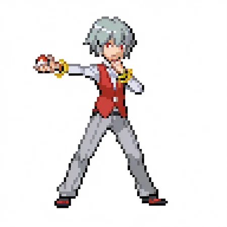 1boy,
grey hair, red eyes, short hair, hand on chin, red vest, white shirt, wristbands,
outstretched arm, holding poke ball, legs apart