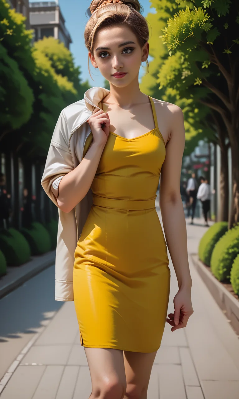 score_9, score_8_up, score_7_up, score_6_up, score_5_up, score_4_up, slim girl in park , jakosho, white jacket over shoulder, short yellow dress, <lora:JacketOverShoulderPony:1>