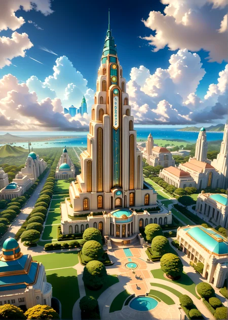 score_9, score_8_up, score_7_up,
<lora:Art_Deco_(Architecture)_(SDXL)_(AD):1> Art Deco, scenery, architecture, monumental architecture, building, city, cityscape,
8K, In'ei, chiaroscuro, rim lighting, perfect depth of field shot, beautiful, subsurface scattering, idealized city, wide beautiful boulevards, busy city center, parks and manicured lawn areas, large parks, plazas, detailed fluffy anime clouds, skyscrapers, made out of limestone, art deco windows, photographic realism, soft lighting, soft shading, art by Thomas Kinkade,
BREAK zPDXL, zPDXLxxx, <lora:wowifierXL:0.2> art by mooncryptowow <lora:sdxl_lightning_8step_lora:0.4> <lora:detailed_notrigger:0.5>