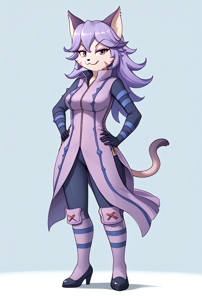 (absurdres), (highest quality), good_hands, opera_kranz_(solatorobo), furry, kemono, anthro, female, feline, felineko, purple fur, 1girl, solo, full body, standing, looking at viewer, smiling, grinning, smug look, hand on hip