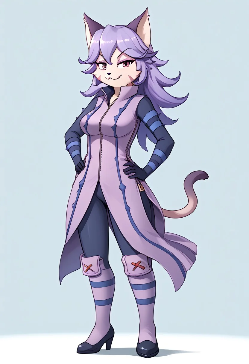 (absurdres), (highest quality), good_hands, opera_kranz_(solatorobo), furry, kemono, anthro, female, feline, felineko, purple fur, 1girl, solo, full body, standing, looking at viewer, smiling, grinning, smug look, hand on hip