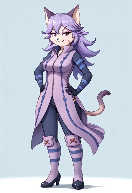 (absurdres), (highest quality), good_hands, opera_kranz_(solatorobo), furry, kemono, anthro, female, feline, felineko, purple fur, 1girl, solo, full body, standing, looking at viewer, smiling, grinning, smug look, hand on hip