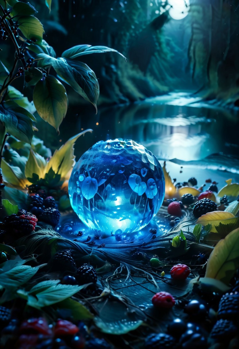 (8k analog nature photography:1.2), (a beautiful landscape:1.1) Extreme realism,  Insanely realistic, with a river in the distance, shiny sapphire (crystal:1.2) berries ,<lora:Bio-Luminescence:1> bioluminescent, glowing, focus on the fruit.  bioluminescent, glowing, detailed , detailed style, perfect, Night, darkness,