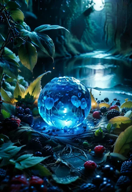 (8k analog nature photography:1.2), (a beautiful landscape:1.1) Extreme realism,  Insanely realistic, with a river in the distance, shiny sapphire (crystal:1.2) berries ,<lora:Bio-Luminescence:1> bioluminescent, glowing, focus on the fruit.  bioluminescent, glowing, detailed , detailed style, perfect, Night, darkness,
