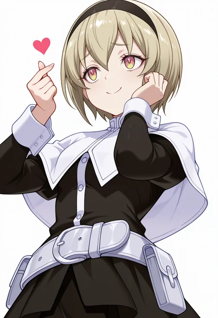 Smooth Quality,masterpiece,very intricate, high quality details, ultra realistic, high detailed skin,detailed enviorement,absurdres,
finger heart,
 <lora:Pekora_CNR:0.8>
pekora_cnr, 1girl, blonde hair, short hair, bangs, yellow eyes, multicolored eyes, shiny hair black hairband,
pekora_def_cnr, black dress, white capelet, black skirt,white belt, long sleeves, shoes, pouch,, simple background, white background, from below,solo,, furrowed brow,