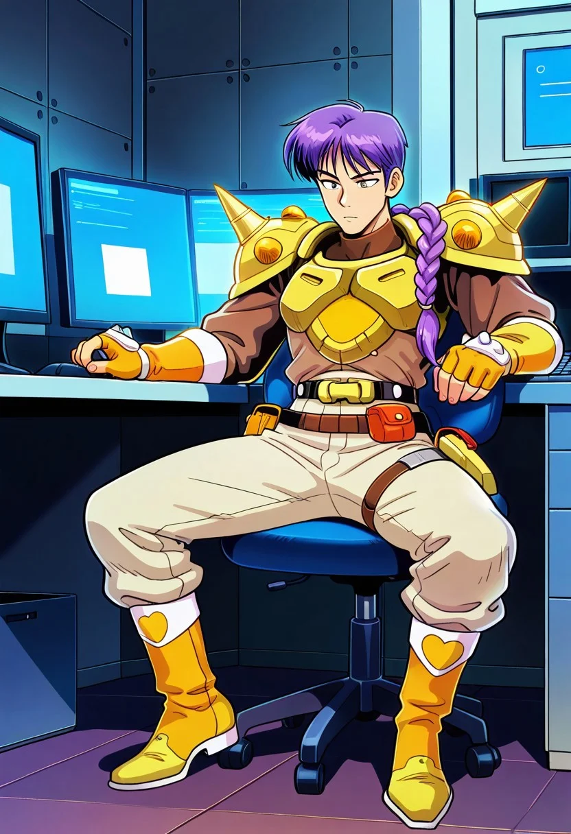 masterpiece, best quality, amazing quality, very aesthetic, absurdres, newest, myroffl3, 1boy, male focus, purple hair, long braided pony tail, spiked pauldrons, yellow armor, brown shirt, yellow fingerless gloves, belt with holster, belt with pouches, beige pants, boots, sat at computer, computer screen, monitor