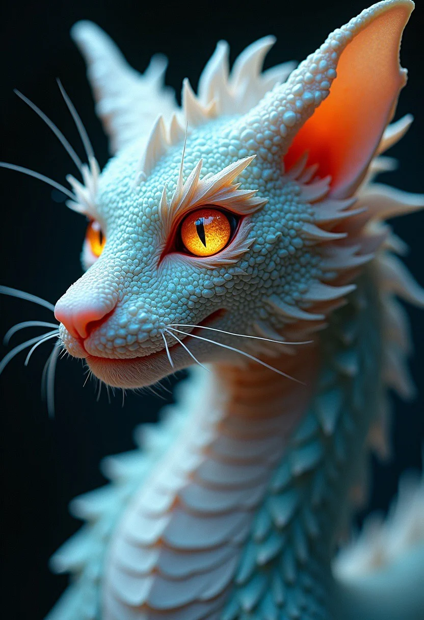 A beautiful dragon portrait photo, a perfect combination of a dragon head and a cute cat head, with all the characteristics of a cat, with diamond and gemstone scales, opal eyes, film, gemstones, diamonds, crystals, fantasy art, super detailed photo, shiny scales, 8k resolution, Sony A9 II, Ilford XP2 400, gel lighting, Kodak Ektar 100, happiness, Kodachrome, Canon RF, passion