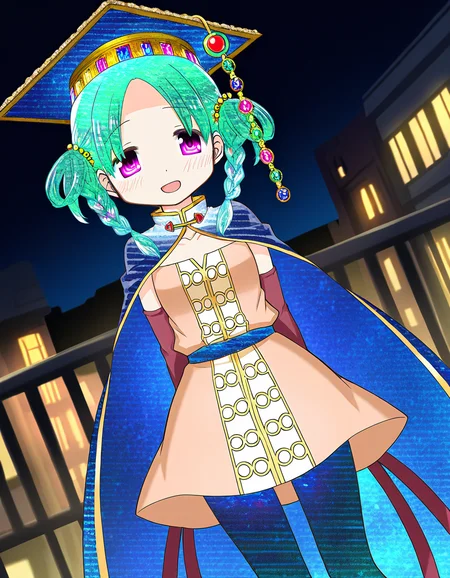masterpiece, best quality, newest, absurdres, highres, safe, 1girl, hiiragi nemu, magia record: mahou shoujo madoka magica gaiden, alternate color, alternate hair color, alternate eyes, alternate cape color, alternate mortarboard color, alternate pantyhose color, bright blue cape, peach color clothes, smile, open mouth, solo, rooftop, night, dutch angle, <lora:hiiragi_nemu_noobaiXLNAIXL_vPred10Version:0.7>