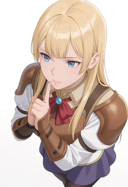Smooth Quality,masterpiece,beautiful aesthetic, very intricate, high quality details, ultra realistic, high detailed skin,
simple background, white background,
from above,x3,index finger raised,
<lora:Rembrandt_Sifcnn:0.7> RembrandtSif/cnn, 1girl, solo, long hair, blonde hair, blue eyes,
pantyhose, skirt, black pantyhose, armor,