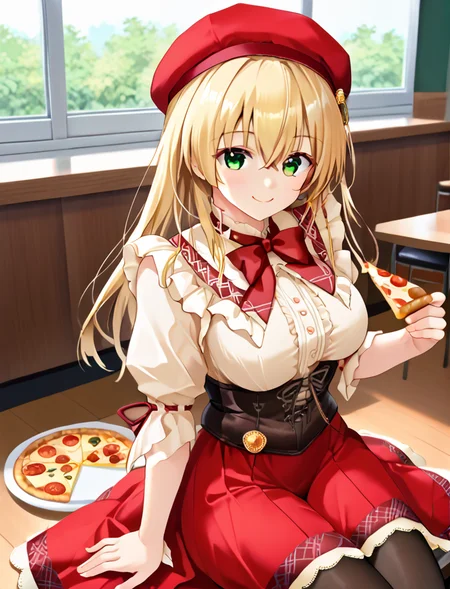 score_9, score_8_up, score_7_up, score_6_up, score_5_up, score_4_up, (source_anime:1.3),(masterpiece:1.3), (high quality:1.3),(1girl: pia3_pr,(red beret:1.2),beige blouse,frills,red bowtie,brown corset,red skirt,frilled skirt,pantyhose,atagokc, blonde hair, green eyes, long hair, bangs, hair between eyes, large breasts, smile,eating pizza ,sitting, ), <lora:pia_carrot_3_outfits:1.0>, restaurant, <lora:KC_03HC_atago_pony:0.8>