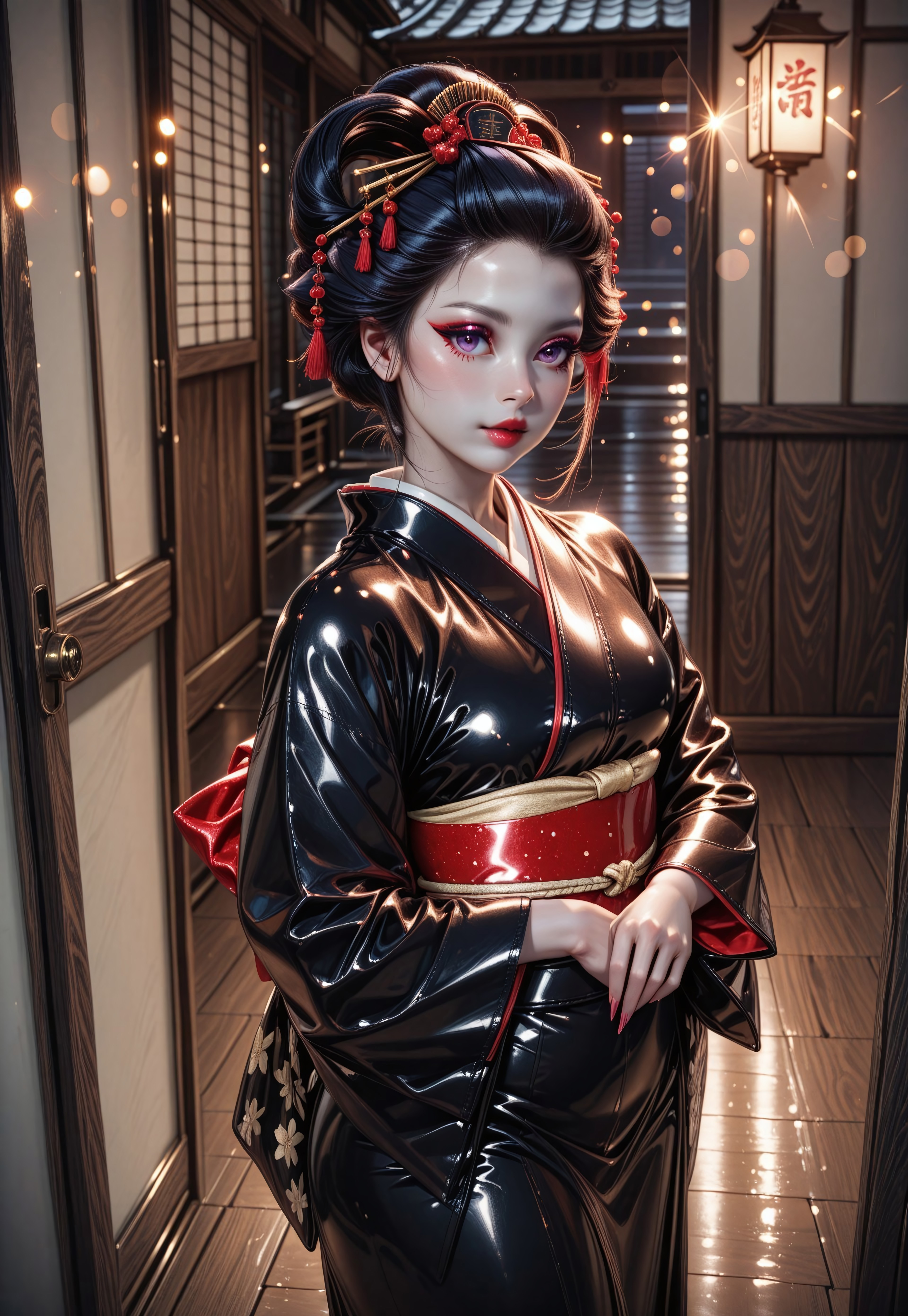 bokeh, realistic, (leather:1.2), beautiful Asian woman, wearing leather intricate kimono, leather kimono, leather geisha, geisha hairstyle, geisha makeup, full length leather kimono, (white skin:1.2), long fingernails,
Japanese house, wooden floor,
sharp focus, (glossy leather clothing, glittering leather fabric), cowboy shot,
photograph, raw photo, hd, 8k, masterpiece, best quality, 90-60-90