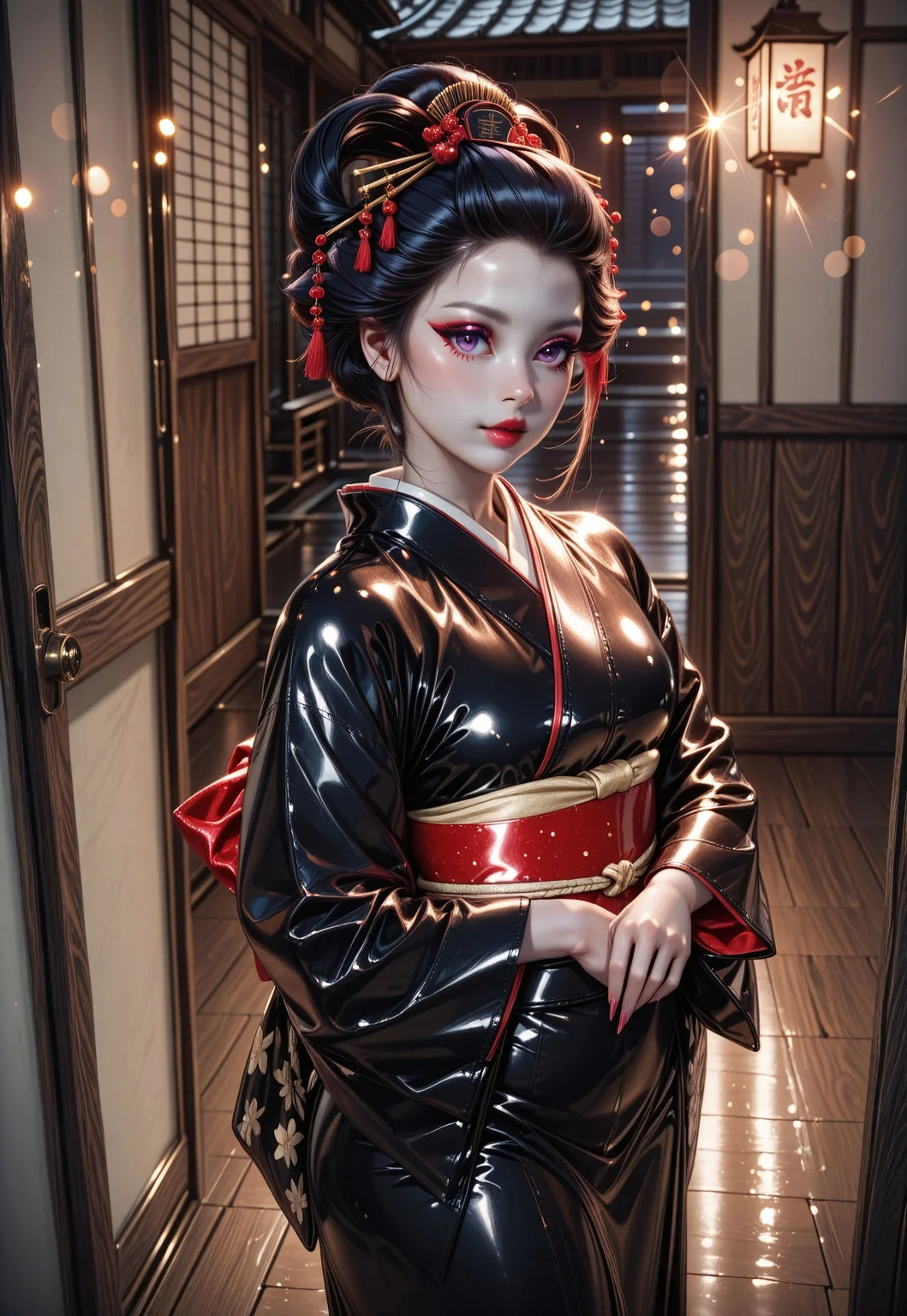 bokeh, realistic, (leather:1.2), beautiful Asian woman, wearing leather intricate kimono, leather kimono, leather geisha, geisha hairstyle, geisha makeup, full length leather kimono, (white skin:1.2), long fingernails,
Japanese house, wooden floor,
sharp focus, (glossy leather clothing, glittering leather fabric), cowboy shot,
photograph, raw photo, hd, 8k, masterpiece, best quality, 90-60-90