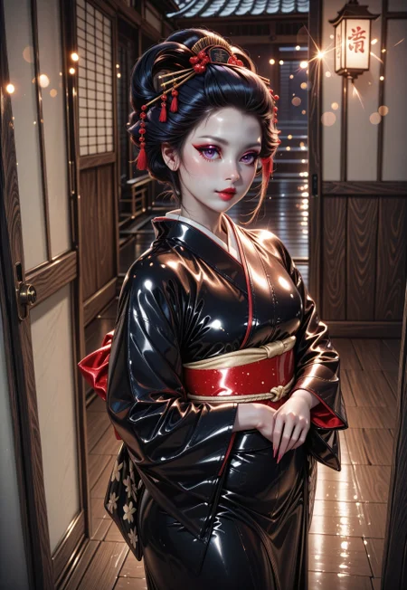 bokeh, realistic, (leather:1.2), beautiful Asian woman, wearing leather intricate kimono, leather kimono, leather geisha, geisha hairstyle, geisha makeup, full length leather kimono, (white skin:1.2), long fingernails,
Japanese house, wooden floor,
sharp focus, (glossy leather clothing, glittering leather fabric), cowboy shot,
photograph, raw photo, hd, 8k, masterpiece, best quality, 90-60-90