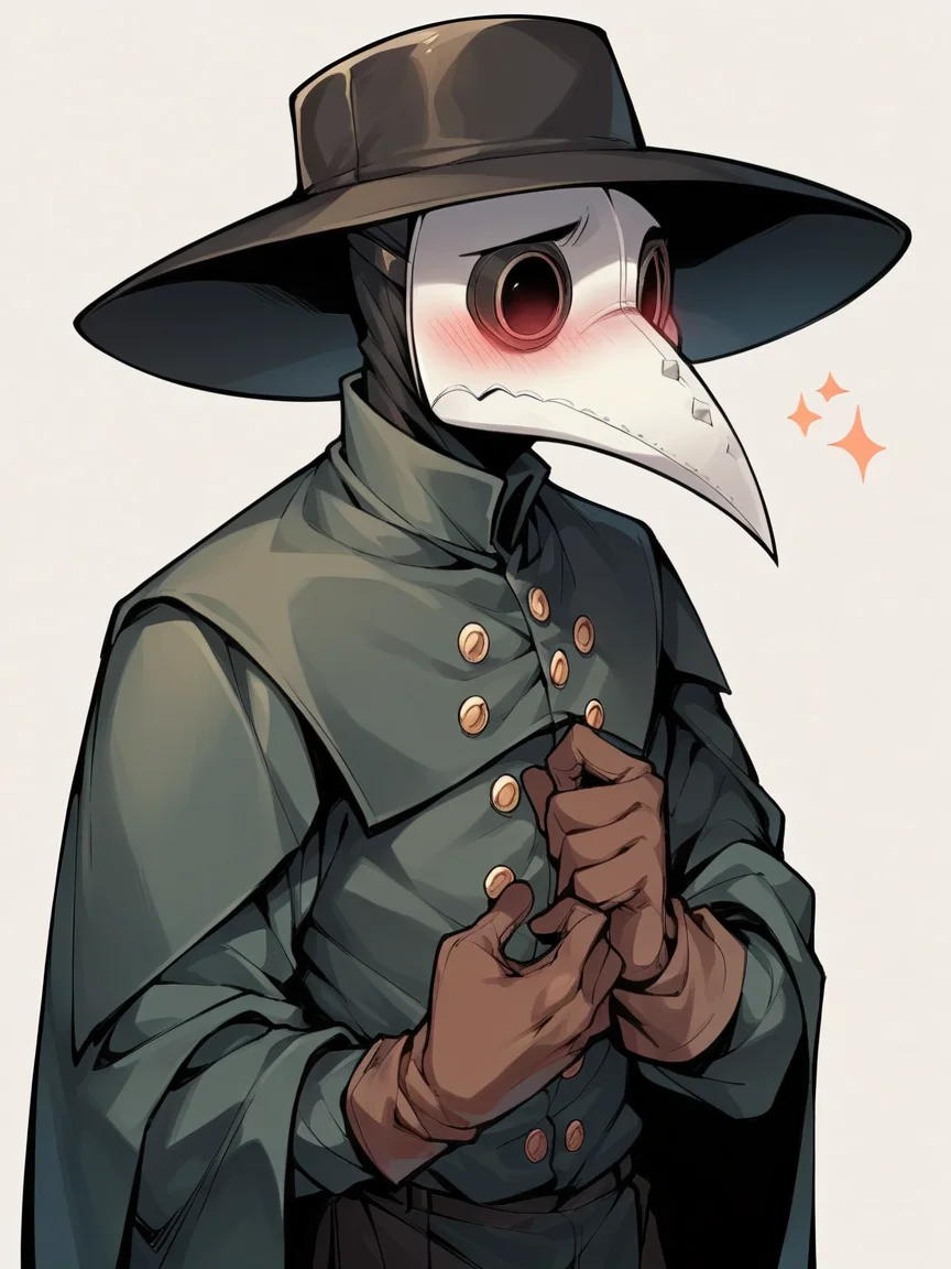 score_9, score_8_up, score_7_up, score_6_up, score_5_up, <lora:PlagueDoctorXLP:1> plague doctor, mask, hat, solo, gloves, 1boy, shy, blush
