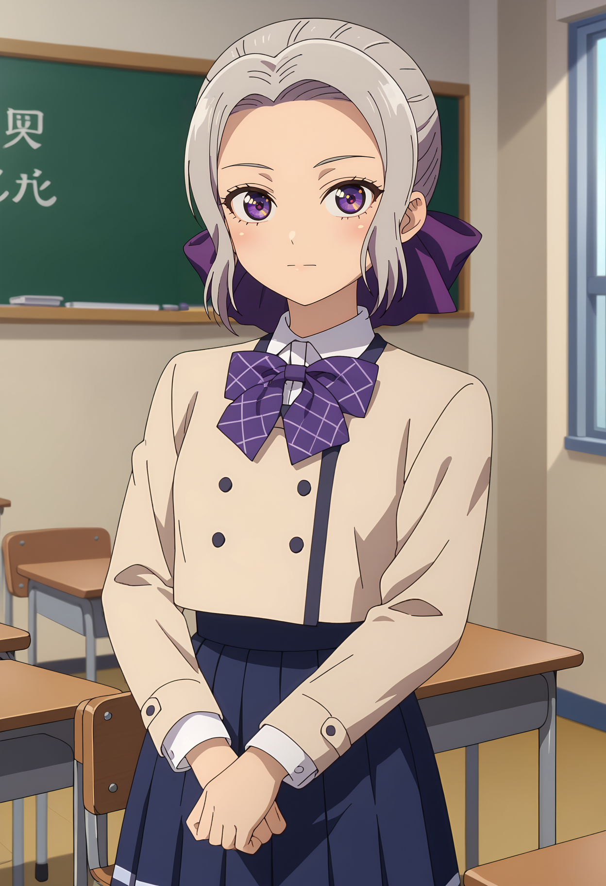 score_7_up, anime screencap, anime coloring,
<lora:KanojoMoKanojo_KiryuuShinoXL:0.9>,
1girl, solo, closed mouth,
short hair, grey hair, parted bangs, purple eyes, hair bow, purple bow,
ShinoSchool, blazer, brown jacket, purple bowtie, buttons, long sleeves, pleated skirt, blue skirt, black pantyhose,
v arms, thigh gap, looking at viewer, cowboy shot,
blurry background, indoors, classroom