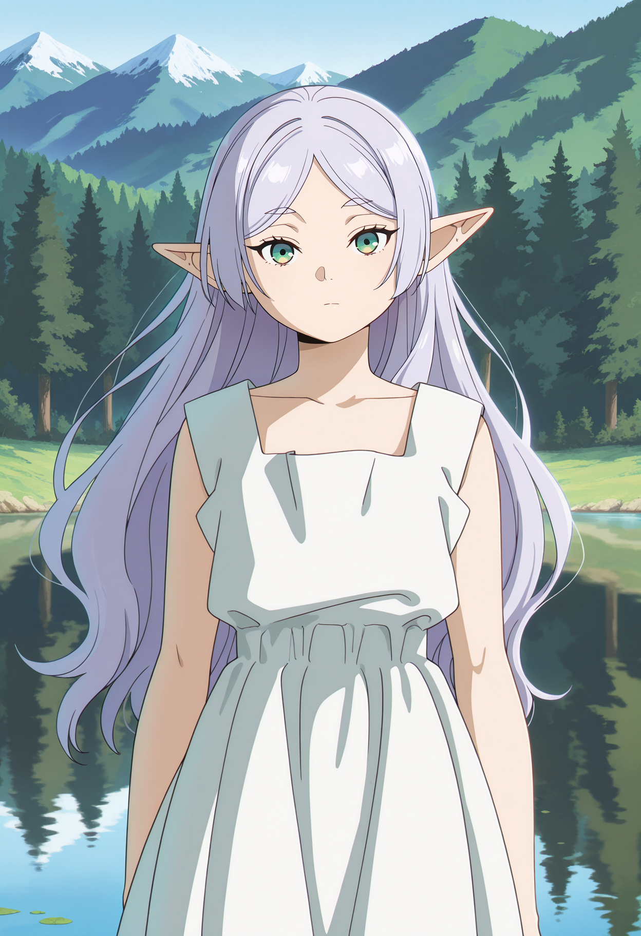 anime screencap, masterpiece, best quality,
<lora:SousouNoFrieren_Frieren_IlluXL:0.9>,
1girl, solo, closed mouth, expressionless,
hair down, grey hair, long hair, green eyes, parted bangs, pointy ears,
FrierenDress, white dress, sleeveless,
standing, looking at the viewer, head tilt,
lake, forest, scenery, nature, day, mountainous horizon