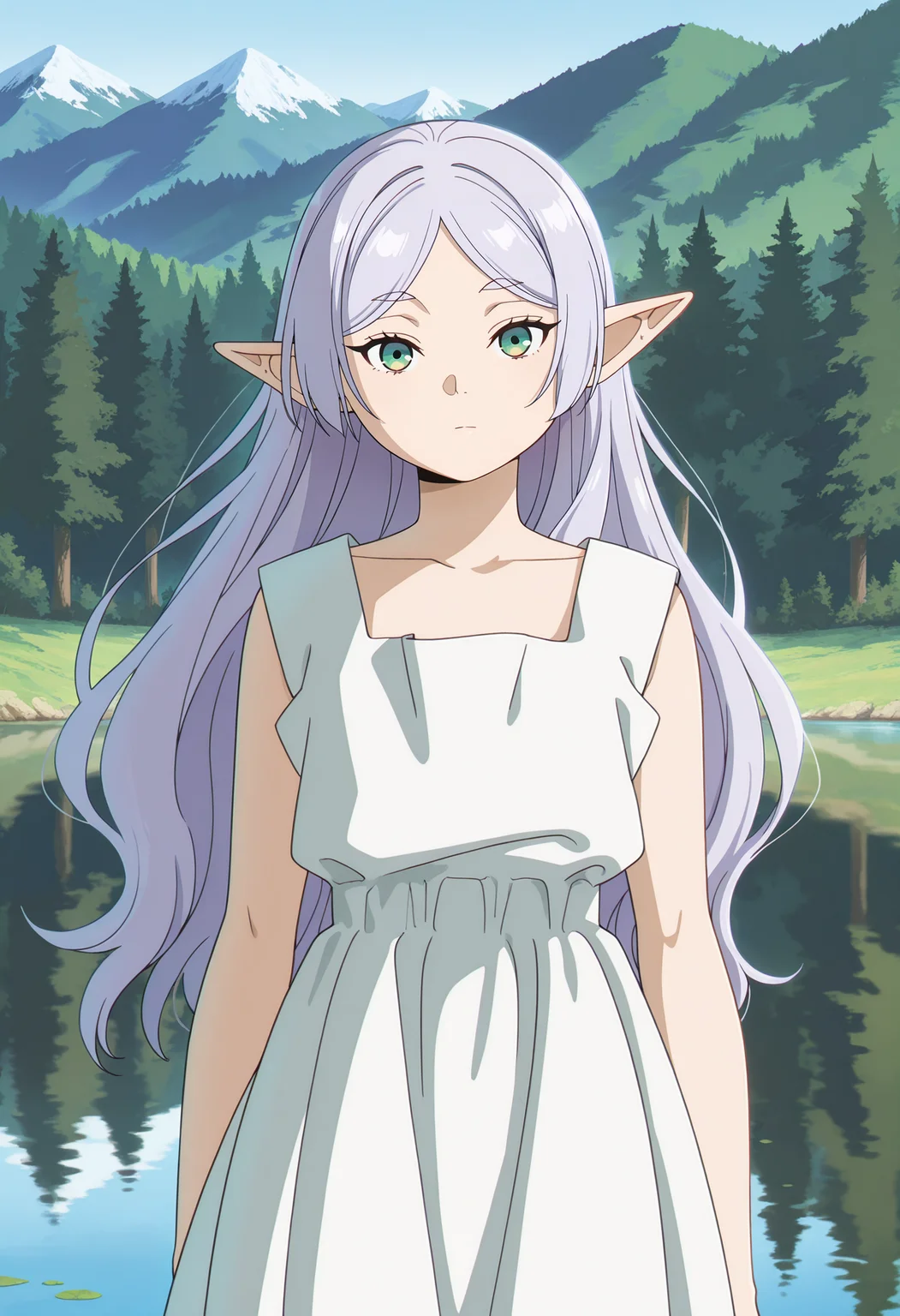 anime screencap, masterpiece, best quality,
<lora:SousouNoFrieren_Frieren_IlluXL:0.9>,
1girl, solo, closed mouth, expressionless,
hair down, grey hair, long hair, green eyes, parted bangs, pointy ears,
FrierenDress, white dress, sleeveless,
standing, looking at the viewer, head tilt,
lake, forest, scenery, nature, day, mountainous horizon