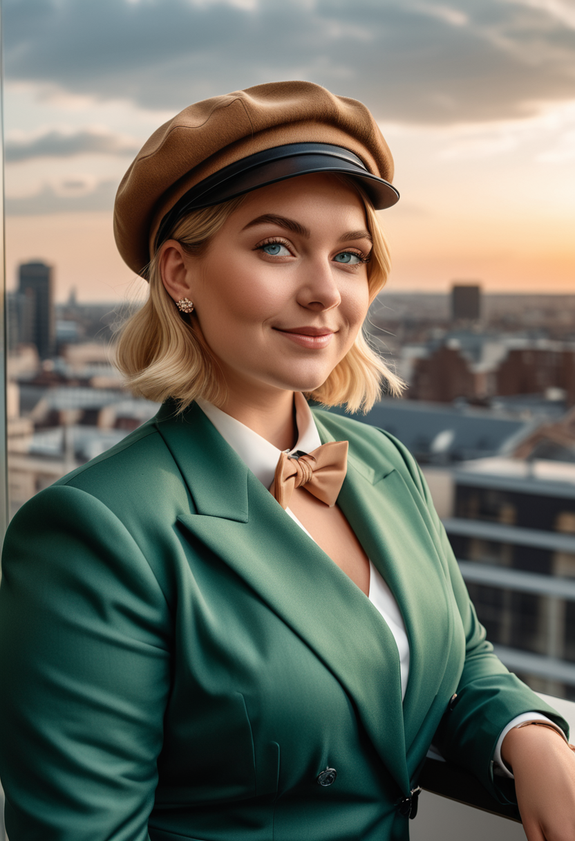 (medium full shot) of (stylish dapper young gentlewoman, full-figured build, short blonde hair), german, tan skin, blue eyes, wearing a newsboy cap, green single-breasted suit, derby shoes, bow tie, silk pocket square cufflinks, set in  a sophisticated modern penthouse, featuring a floating staircase, a media wall, high-end decor elements, a panoramic city view from the balcony , during sunset, woman smiling, detailed face, ,Masterpiece,best quality, photo, realistic, very aesthetic