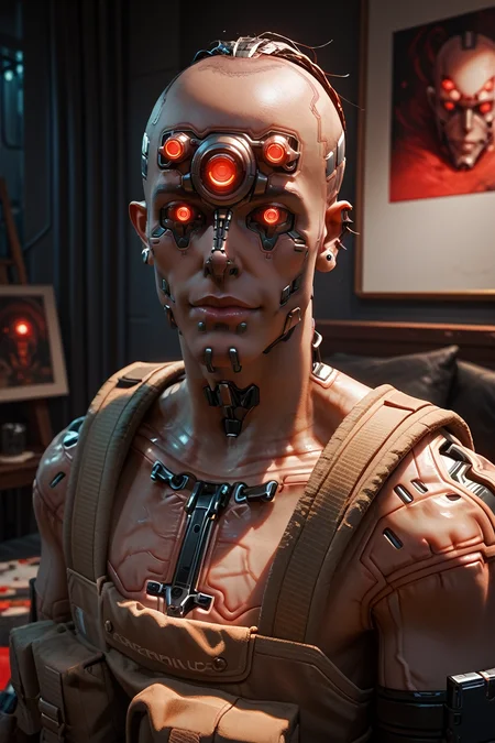 score_9, score_8_up, score_7_up, score_6_up
<lora:CyberDumDum:0.8>
CyberDumDum, 1boy, cyborg, red eyes, extra eyes, cyberpunk, looking at viewer, at a contemporary art gallery, wearing a stylish suit, thoughtfully observing a painting, minimalist surroundings, cultured and sophisticated atmosphere