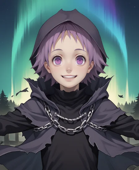 (score_9, score_8_up), score_7_up, score_6_up, best quality, standing, portrait, close up,
<lora:ebisu:0.8>, solo, 1girl, lovely, cute,
3bisu, purple hair, short hair, purple eyes, ringed eyes, happy, excited, turtleneck
slim:1.2, slender, petite:1.3, short, skinny, androgynous,
<lora:Curse_Maker_Etrian:1>,
pale skin, short hair, cloak:1.3, torn clothes, hood, (hood up:1.3), chain, shackles, bandages, black bandages, chain around neck,
nighttime, strong wind, spread arms, aurora borealis,