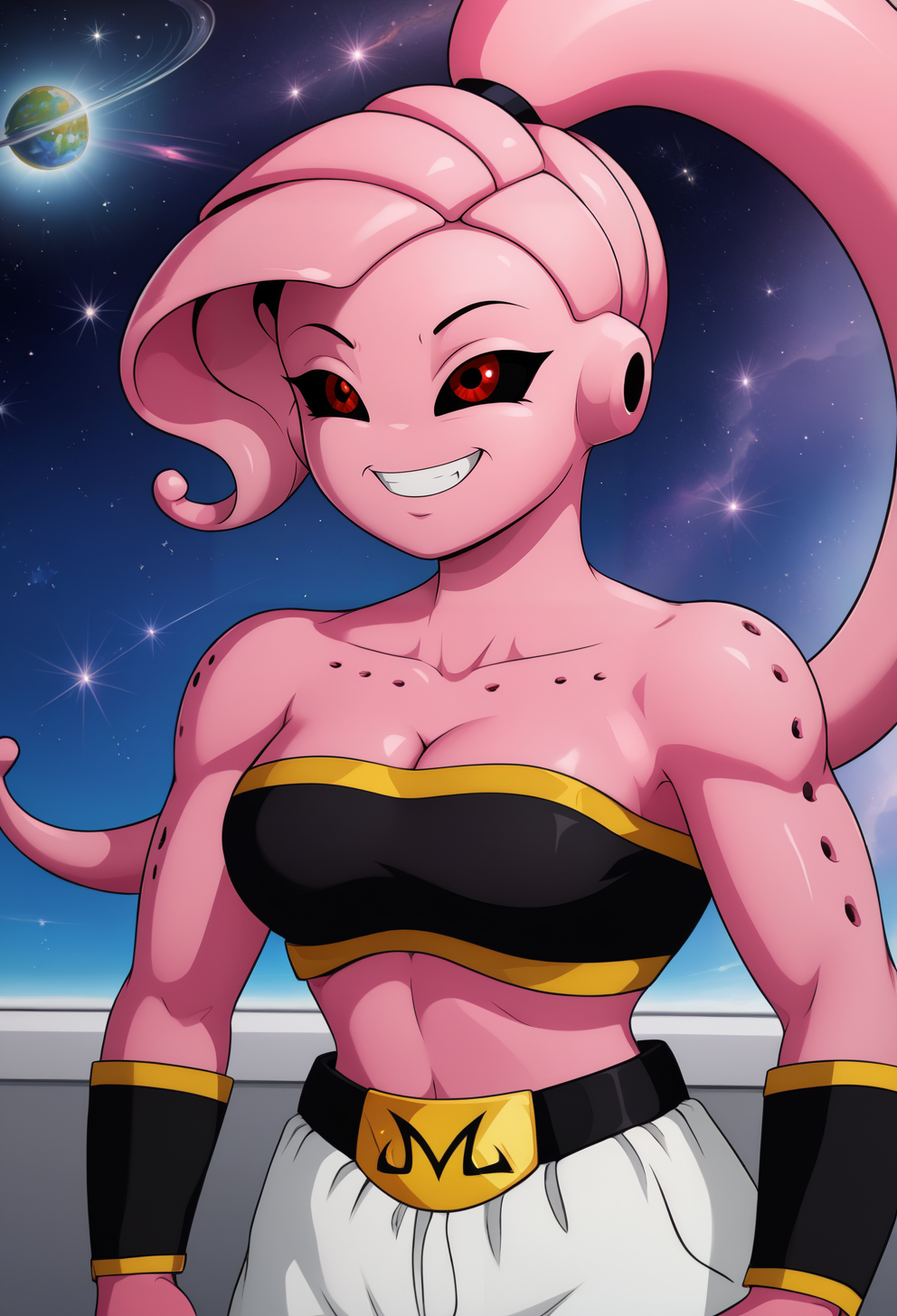 Fmajin,pink skin,red eyes,black sclera,pink tentacle hair,ponytail,
baggypants,belt,black tube top,midriff,cleavage,bare shoulders,alien,M,shoulder holes,
standing,upper body,smile,
stars,space,milky way,
solo,<lora:FemaleMajin:0.8>,