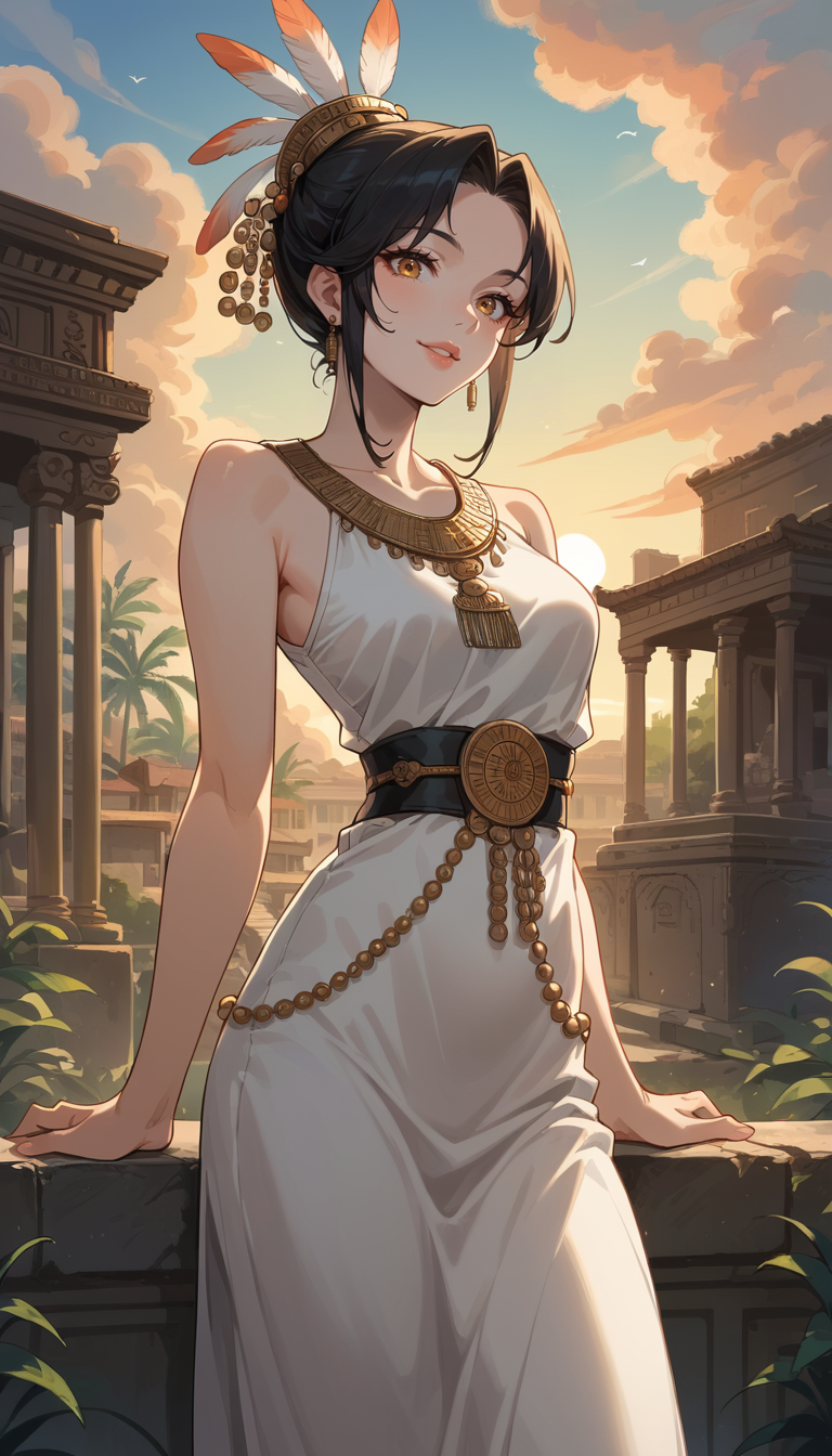 score_9, score_8_up, score_7_up, Anime Style, Cowboy Shot, girl, cute, seductive, innocent, light smile:0.3, plump lips, slender body, wearing stone age clothing made from natural fabrics like linen, cotton, furs, adorned with feathers, beads and shells, sunset, ancient greek background, depth of field, dynamic angle, fashion photography, sharp, hyperdetailed:1.15