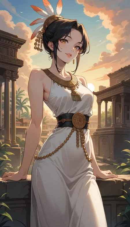 score_9, score_8_up, score_7_up, Anime Style, Cowboy Shot, girl, cute, seductive, innocent, light smile:0.3, plump lips, slender body, wearing stone age clothing made from natural fabrics like linen, cotton, furs, adorned with feathers, beads and shells, sunset, ancient greek background, depth of field, dynamic angle, fashion photography, sharp, hyperdetailed:1.15