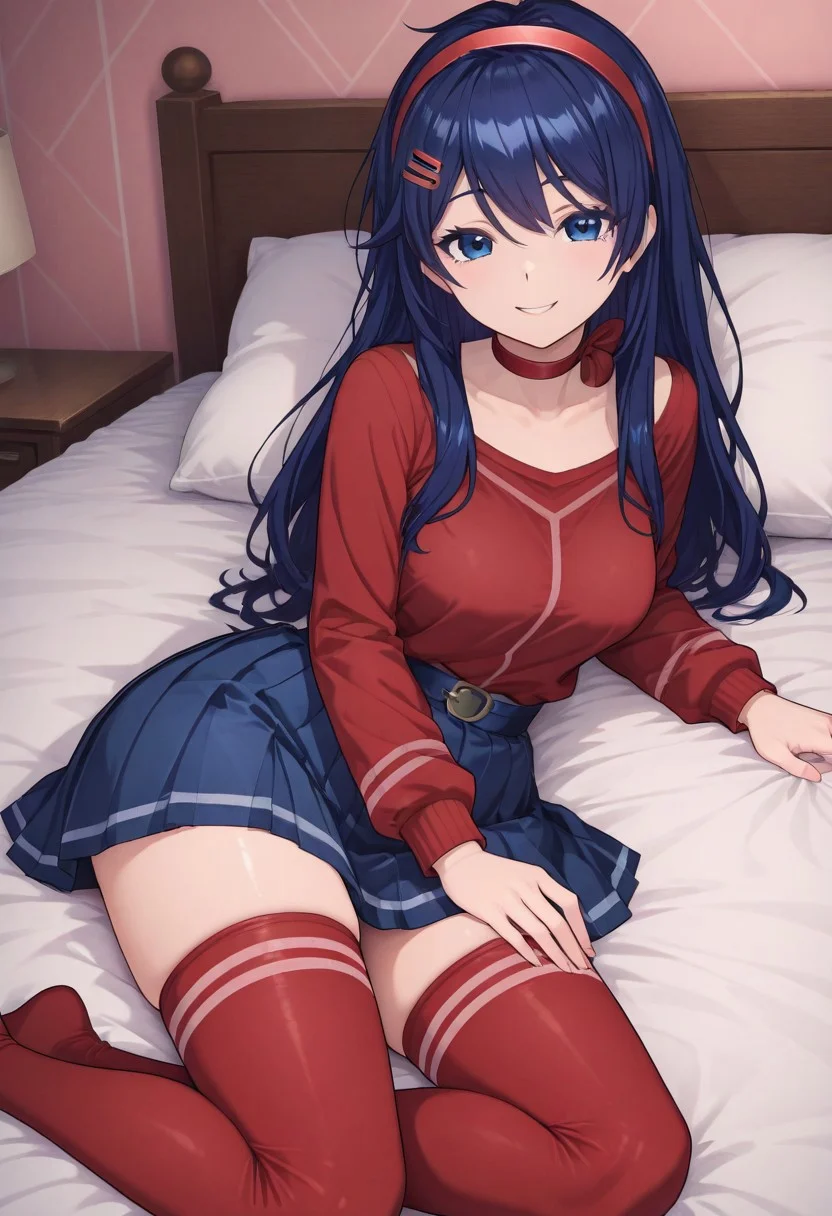(kindmita:1.2),1girl, solo, hair ornament, red choker, red shirt, red hairband, blue_eyes, red thighhighs,blue hair,blue skirt,long hair, horny, smiling, looking at viewer, laying in bed, calling to him.