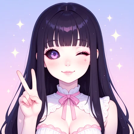 masterpiece, best quality, ultra-detailed, photorealistic, intricate details, solo, 1girl, young woman,
wink, peace sign, cute smile, facing viewer, looking at viewer, upper body,
long black straight hair, blunt bangs,
pale skin, flushed cheeks, soft blush on cheeks, sensual lips, moist lips,
glowing purple eyes, alluring eyes, dark eyeliner, subtle dark sclera, narrow eyes,
slim face, delicate nose, small nose,
ample cleavage, voluptuous breasts, smooth skin, porcelain skin, beauty marks,
cute pastel outfit, lightweight fabric, playful design, delicate lace, soft pleats,
simple pastel background, dreamy pastel tones, soft lighting, subtle gradient,
kawaii aesthetics, japanese idol aesthetic, sweet expression, charming pose,
ng_deepnegative_v1_75t, Luna Corvus, k4w4iim1r41