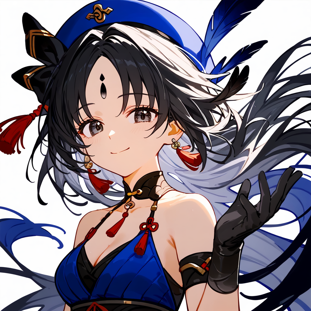 1girl, 
yangyang \(wuthering waves\),  
solo, rating safe, black gloves, choker, closed mouth, cleavage, looking at viewer, forehead, blue hat, black hair, black choker, bare shoulders, black eyes, white background, medium breasts, smile, hat, bow, simple background, collarbone, upper body, hair bow, armlet, long hair, gloves, tassel, breasts, feathers, half gloves, tessen, parted bangs, 
score_9, score_8_up, score_7_up, score_6_up
 <lora:mki-pony-yangyang-v2:1>